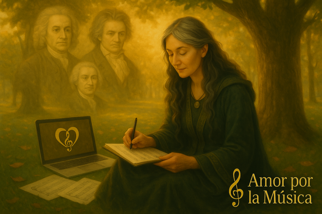 mujer, escribiendo música sentada bajo un árbol junto a los espíritus de grandes compositores